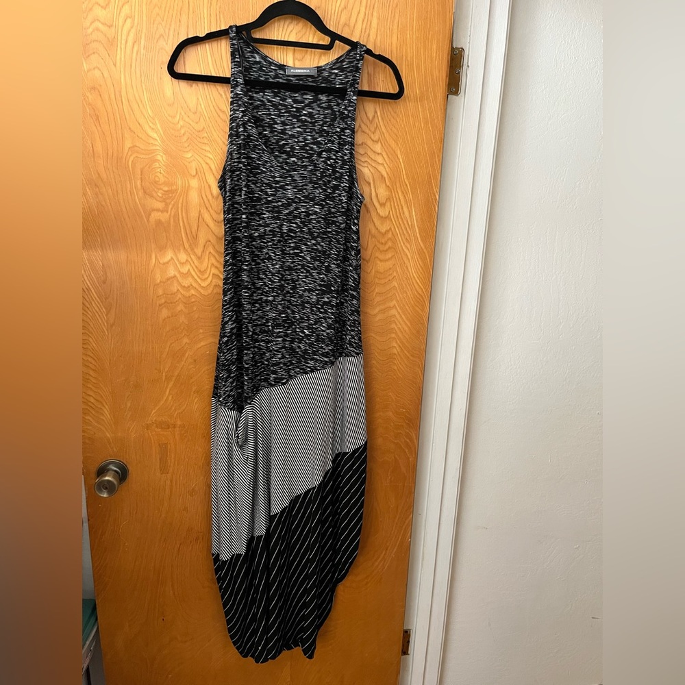 Sleeveless Black & Gray Maxi Dress with Mixed Stripes - Picture 1 of 8